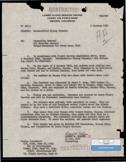 Declassified document reports a sighting of flying discs on 9 — first page of the declassified document